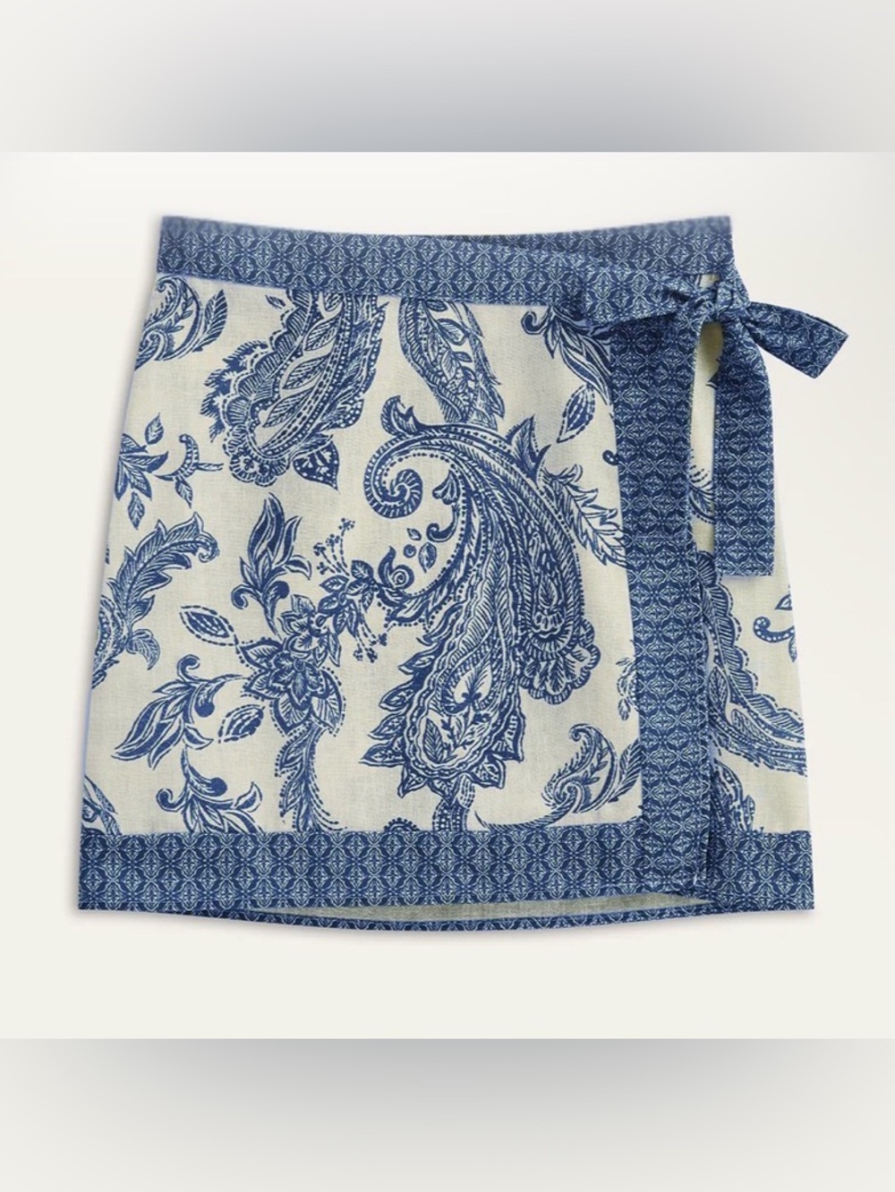 Commense Blue & White Paisley Wrap Mini Skirt